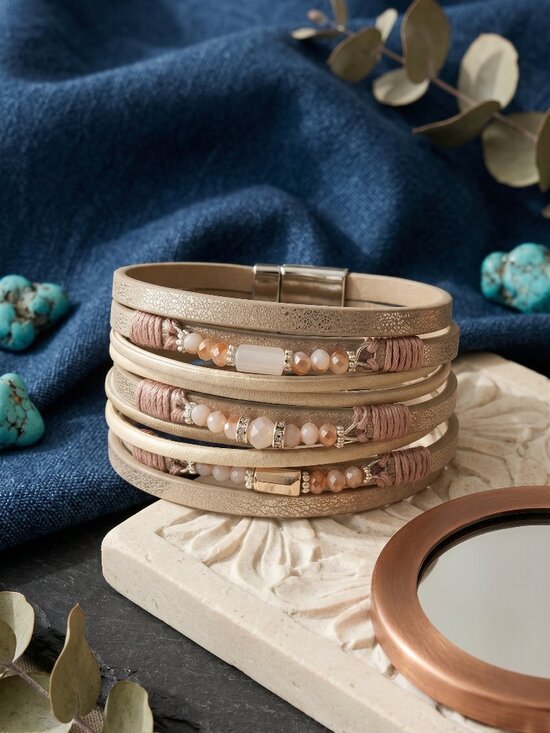 NKULTD Jewelry - Vegan Leather Wrap Bracelet Champagne Multi Strand Beaded Magnetic Boho 7.5"